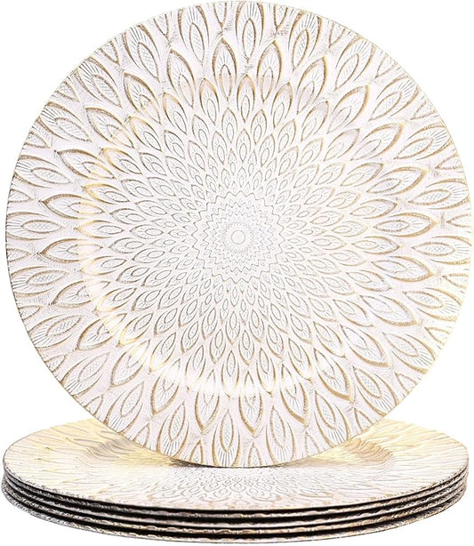 White Charger Plates, 13 Inch Set of 6 Plastic Peacock Chargers for Dinner Plates,Table Settings, Easter, Thanksgiving, Christmas Party, Family Gathering.