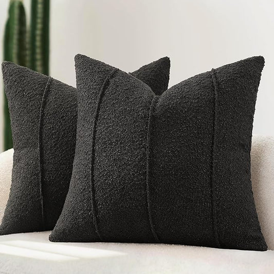 YCOLL Textured Boucle Throw Pillow Covers 24x24 Pack of 2 - Soft Neutral Striped Cushion Covers, Cozy Accent Decorative Pillow Covers for Couch, Sofa, Bed, Living Room (Black)