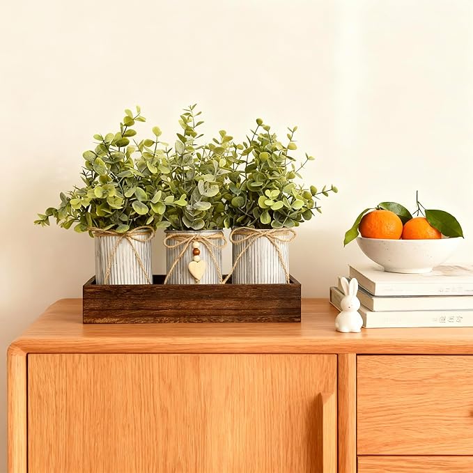 Artificial Flower Decorative Centerpiece, Frosty Green Eucalyptus Table Arrangement with 3 Rustic Metal Pots and Wood Tray for Farmhouse Home Décor
