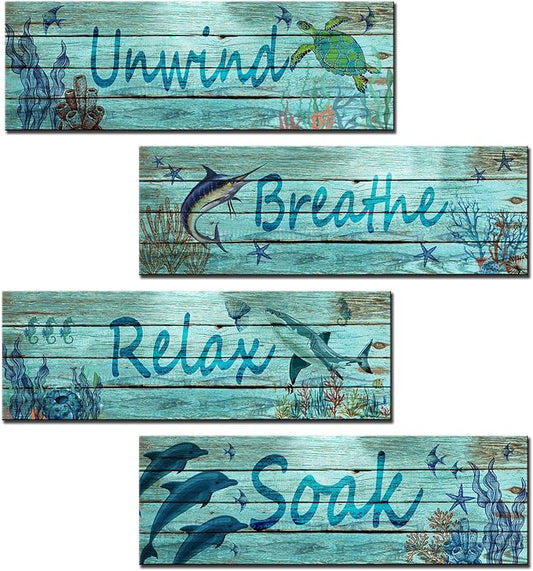 Underwater World Wooden Sign 4 Pieces Ocean Bathroom Decor Relax Soak Unwind Breathe Wall Decor Tropical Fish Wood Plaque Coral Reef Artwork Shark Dolphin Wall Art Kitchen Home Decor (Teal Blue)