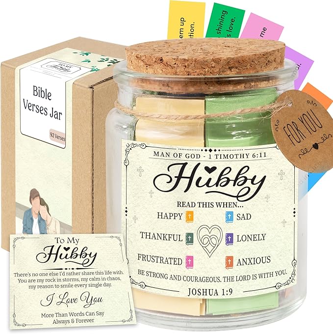 Bible Verse Jar for Husband – 92 Inspirational Scriptures by Emotion, Christian Gift from Wife to Hubby, Encouragement Jar for Men, Thoughtful Faith-Based Gift