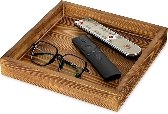 Hanobe Square Wooden Ottoman Tray: Small Square Torched Wood Farm House Serving Tray for Coffee Table Rustic Candle Organizer Storage for Remotes Keys Glasses 9.8