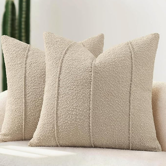YCOLL Textured Boucle Throw Pillow Covers 24x24 Pack of 2 - Soft Neutral Striped Cushion Covers, Cozy Accent Decorative Pillow Covers for Couch, Sofa, Bed, Living Room (Oatmeal)