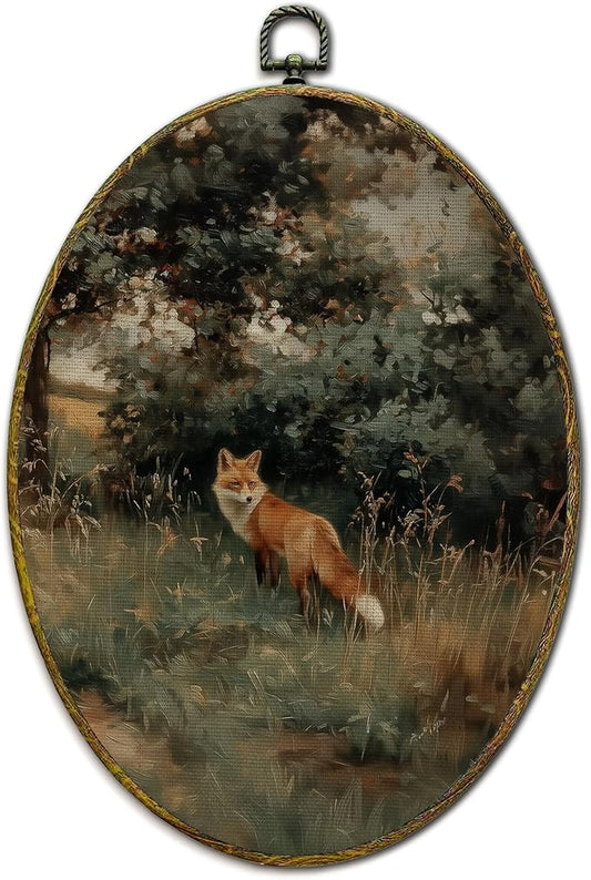 XFCICRLJ Vintage Fox Wall Art Decor, Rustic Country Cottagecore Fox Oval Canvas Prints Framed, Farmhouse Landscape Wild Animal Wall Art Decorations for Home Living Room Bedroom Decor, 11x8.5 Inch