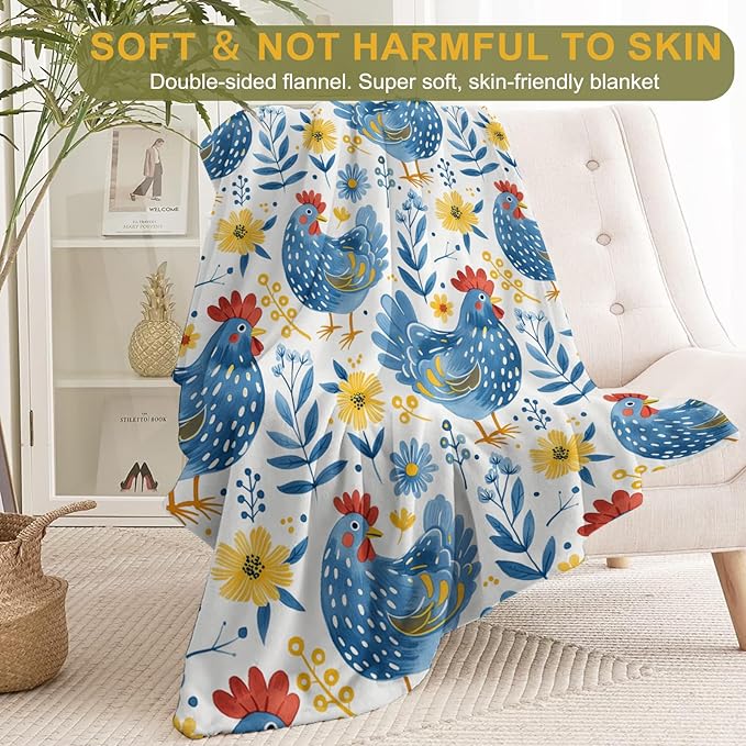 Farmhouse Rooster Throw Blanket 60x80 in, Blue Chicken Flowers Blankets for Couch Bedroom Living Room Indoor Decor, Lightweight Soft Cozy Bedding Birthday Gift for Kids Boys Adults