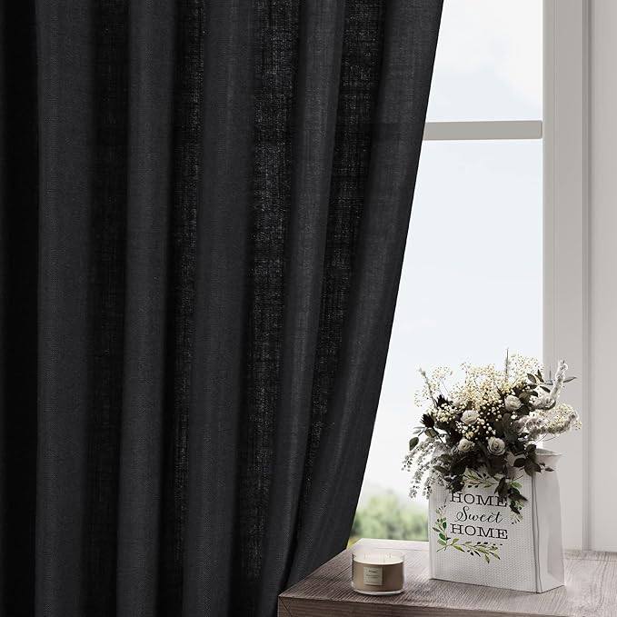 Nanspring Black Boho Curtains for Bedroom Back Tab Rod Pocket Semi Sheer Linen Curtains 90 Inches Long 2 Panel Set Light Filtering Neutral Farmhouse Lightweight Drapes for Living Room 40x90 Inches