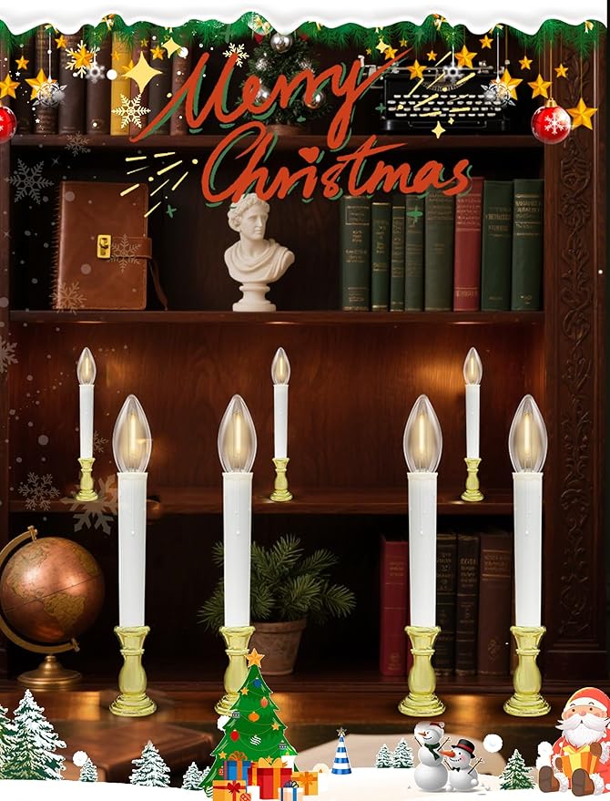 10 Pack Christmas Window Candles Lights, Battery Operated Flameless Candles with C26 LED Bulbs, 6-18H Timed Christmas Electric Candle Holders for Indoor Window Wedding Party Xmas Decor, Gold Base