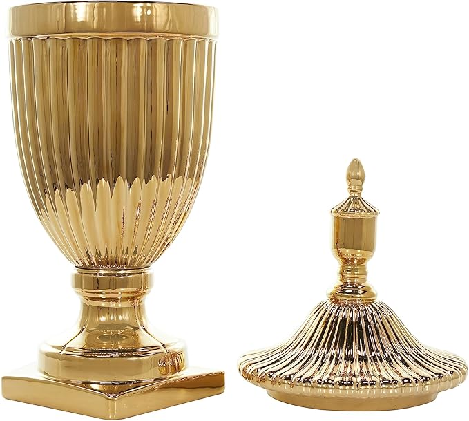 Deco 79 Ceramic Living Room Decorative Jars Tall Decorative Container with Grooves, Jar with Lid 12" x 12" x 32", Gold