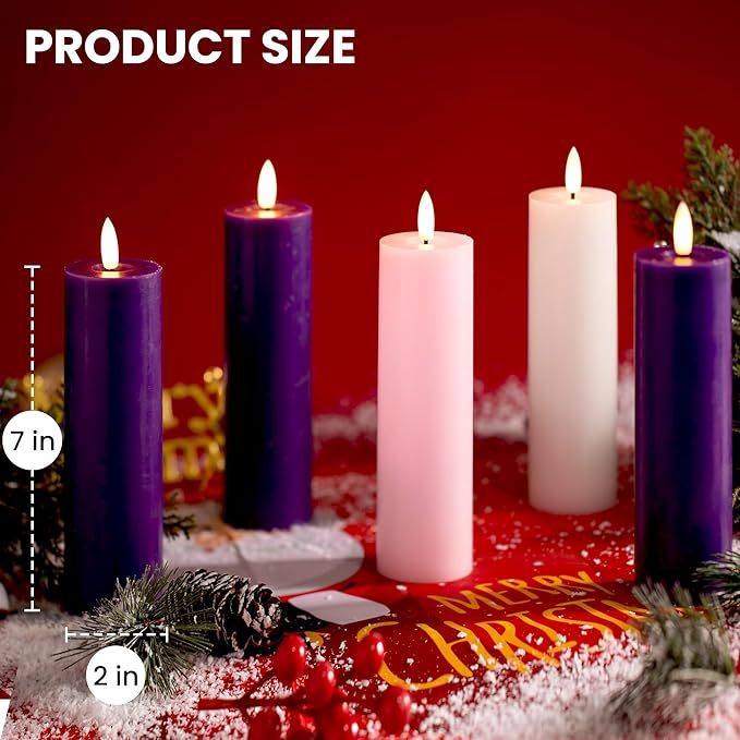 Pillar Advent Candles Set of 5, Battery Operated Advent Candle Set with Remote and Timer, 2x7 Pink and Purple Pillar Candle Set, Flameless Advent Candles for Advent Wreath Pillar Candle Holder