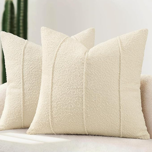 YCOLL Textured Boucle Throw Pillow Covers 18x18 Pack of 2 - Soft Neutral Striped Cushion Covers, Cozy Accent Decorative Pillow Covers for Couch, Sofa, Bed, Living Room (Cream)