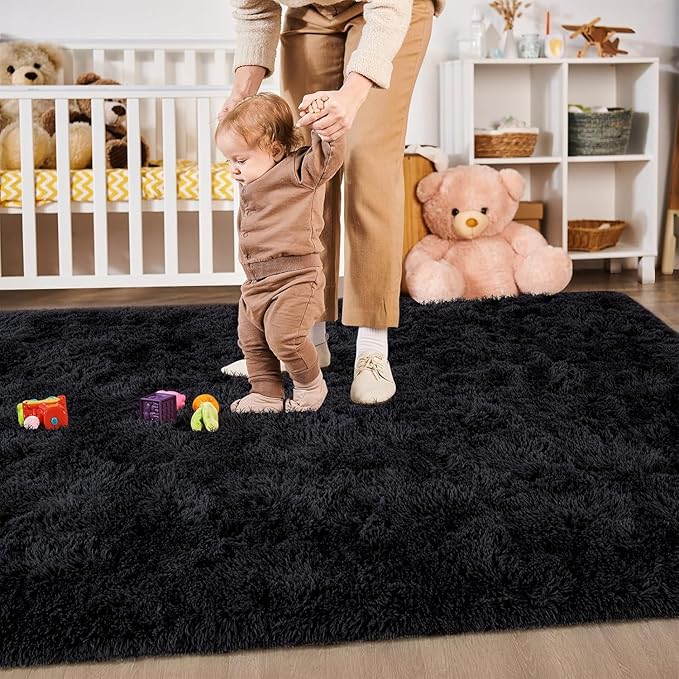 Merelax Soft Modern Indoor Large Shaggy Rug for Livingroom Bedroom Decor Aesthetic, Non-Slip Plush Dorm Kids Room Rug Fluffy Area Rugs Comfy Nursery Kids Plat Mat Accent Floor Carpet 6x9 Feet, Black