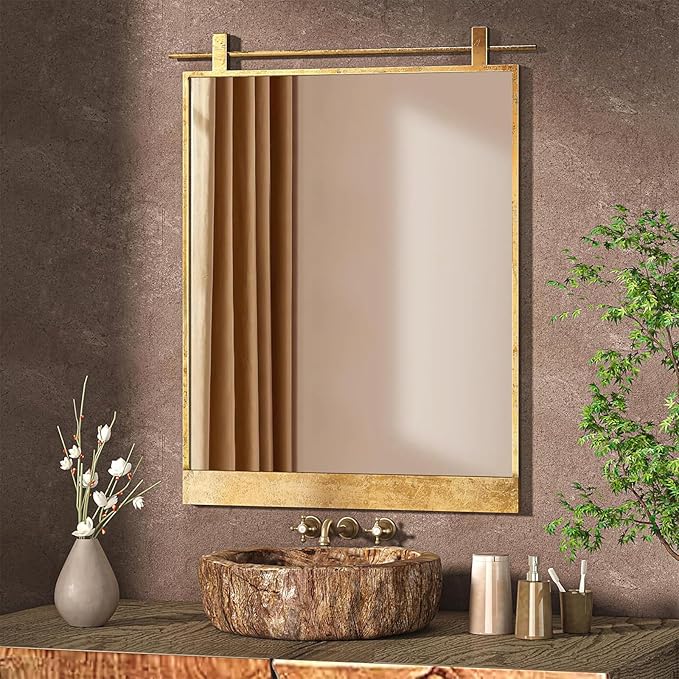 24x32 Inch Rectangle Bathroom Vanity Mirror for Wall Mounted Over Sink Farmhouse Rustic Matte Brushed Gold Barn Door Mirrors Foyer Entryway Decor