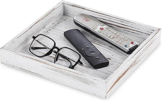 Hanobe Square Wooden Ottoman Tray: Small Square Tray Torched Wood Farm House Serving Tray for Coffee Table Rustic White Washed Candle Tray Distressed Organizer Storage for Remotes Keys Glasses 9.8"