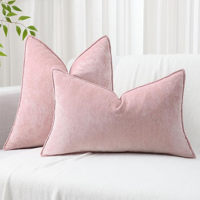 decorUhome Christmas Couch Throw Pillow Covers 24x24 Set of 2, Decorative Soft Euro Velvet Neutral Chenille Pillow Covers with Elegant Design for Sofa Bed Living Room Home Decor, Blush Pink