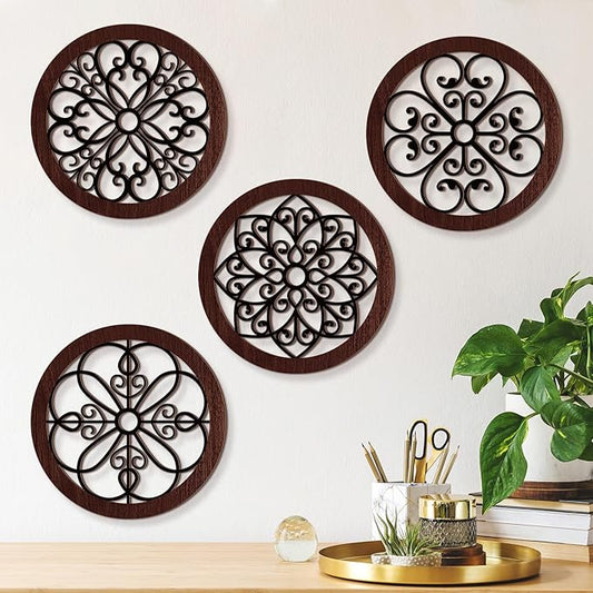 Yulejo 4 Pcs Thicken Rustic Wall Decor Farmhouse Kitchen Wall Round Art Wooden Hollow Carved Design Rustic Art for Living Room Bedroom Hallway Decor (15.7 x 15.7 Inch,Black, Brown)