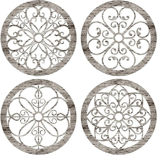 Yulejo 4 Pcs Thicken Rustic Wall Decor Farmhouse Kitchen Wall Round Art Wooden Hollow Carved Design Rustic Art for Living Room Bedroom Hallway Decor(9.8 x 9.8 Inch,grey wood tone)