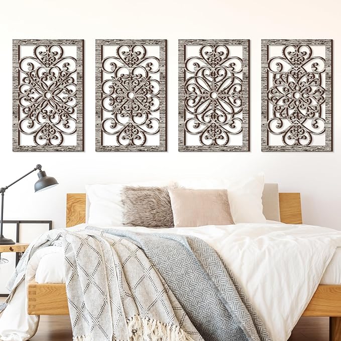 Yulejo 4 Pcs Thicken Rustic Wall Decor Modern Farmhouse Art Decor Wooden Hollow Carved Design Rustic Art for Living Room Hallway Decor Office Kitchen Wall