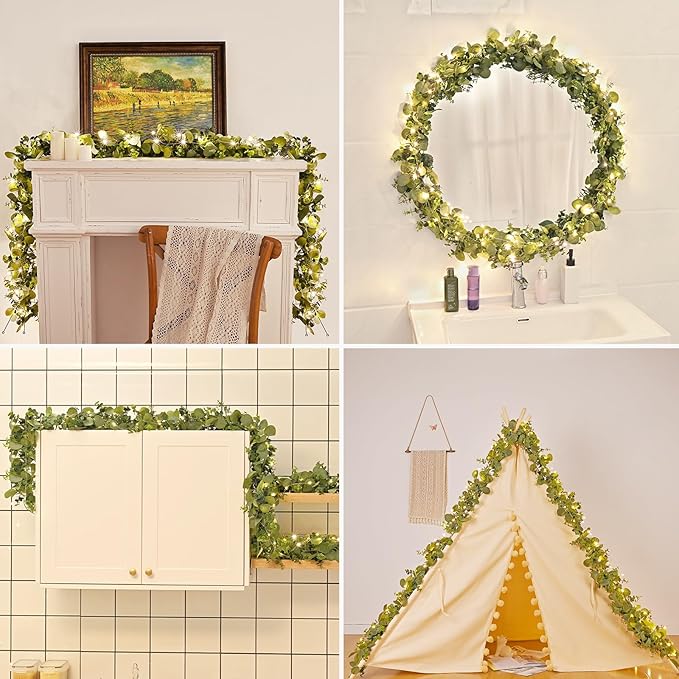 Dolicer 6 Packs 6FT Artificial Eucalyptus Garland with LED Light String, Faux Greenery Garland Hanging Fake Silver Dollar Eucalyptus Leaves Vines for Wedding Backdrop Arch Table Wall Party Home Decor