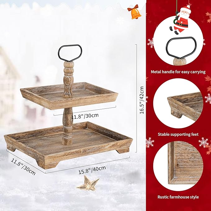 Hanobe Tiered Tray for Table Decor: 2 Tier Serving Stand Farmhouse Decorative Tray for Coffee Bar Centerpiece Rectangle Wood Display Stands Kitchen Counter (Rustic Brown)