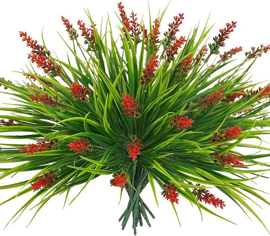 36 Bundles Artificial Plants Outdoor, 18.2" UV Resistant Faux Monkey Grass Greenery Stems No Fade Faux Plastic Flowers Shrubs for Home Weddings Garden Porch Front Patio Office Decor - Red