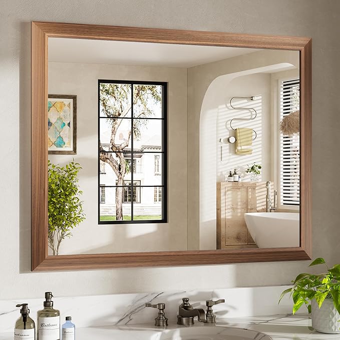 40x32 Inch Bathroom Mirror for Wall, Anti-Rust Walnut Wood Grain Metal Framed Bathroom Mirrors for Over Sink,Rectangler Mirrors for Bathroom Vanity, Farmhouse, Bedroom, Living Room, Entryway Decor