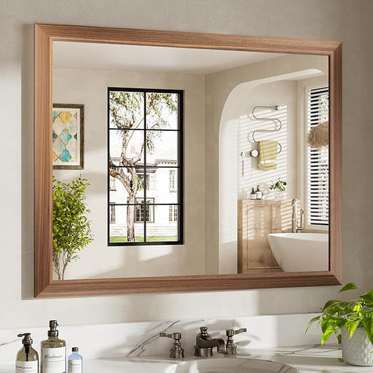 40x32 Inch Bathroom Mirror for Wall, Anti-Rust Walnut Wood Grain Metal Framed Bathroom Mirrors for Over Sink,Rectangler Mirrors for Bathroom Vanity, Farmhouse, Bedroom, Living Room, Entryway Decor