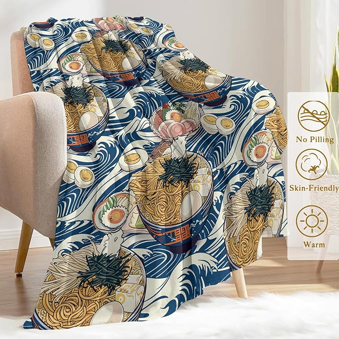 Ramen Throw Blanket 40x50 in, Delicious Noodle Blue Waves Pattern Blankets for Couch Bedroom Living Room Indoor Decor, Lightweight Soft Cozy Bedding Birthday Gift for Kids Boys Adults