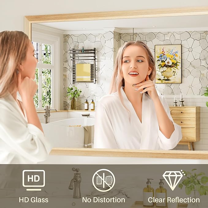 60x36 Inch Bathroom Mirror for Wall, Anti-Rust Oak Wood Grain Metal Framed Bathroom Mirrors for Over Sink,Rectangler Mirrors for Bathroom Vanity, Farmhouse, Bedroom, Living Room, Entryway Decor