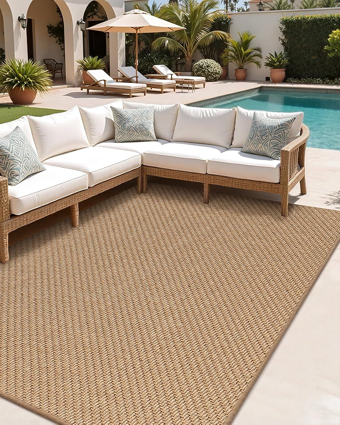 Color&Geometry 5x8 Jute Rug Indoor/Outdoor,Reversible Tan Handwoven Natural Fiber Herringbone Area Rug with Non-Woven Fabric Core, Easy Clean Relaxed Natural Decor for Patio, Deck, Living/Dining Room