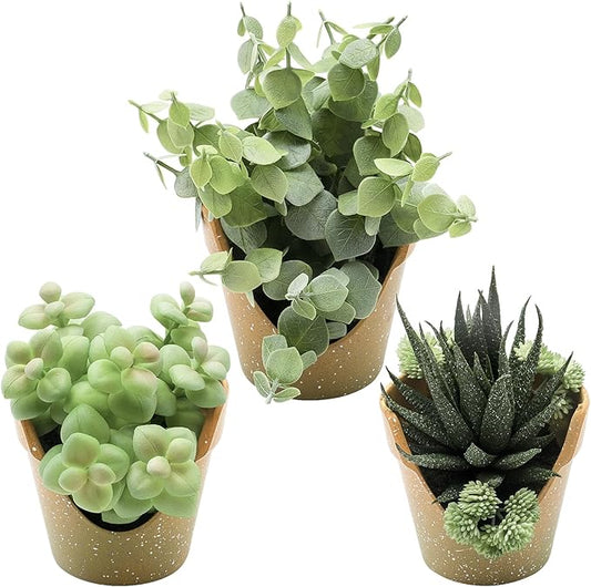 3 Pack Artificial Succulent Plants, Small Potted Fake Plants, Artificial Eucalyptus Leaf Aloe Vera Plants, for Home Decor, Farmhouse Bathroom Office Decor
