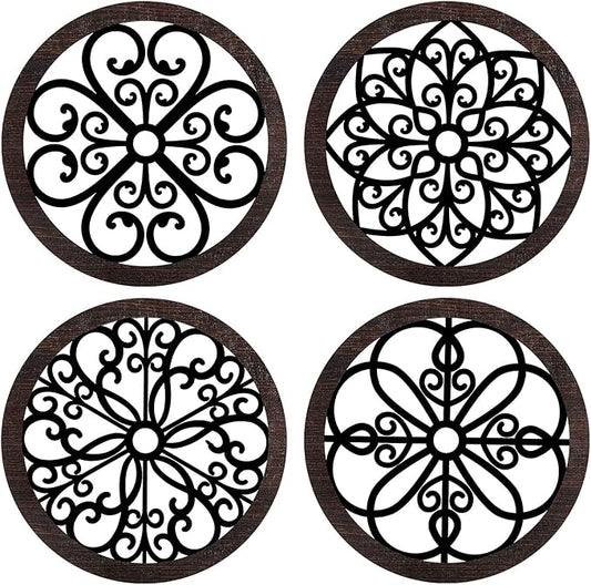 Yulejo 4 Pcs Thicken Rustic Wall Decor Farmhouse Kitchen Wall Round Art Wooden Hollow Carved Design Rustic Art for Living Room Bedroom Hallway Decor (9.8 x 9.8 Inch,Black, Brown)