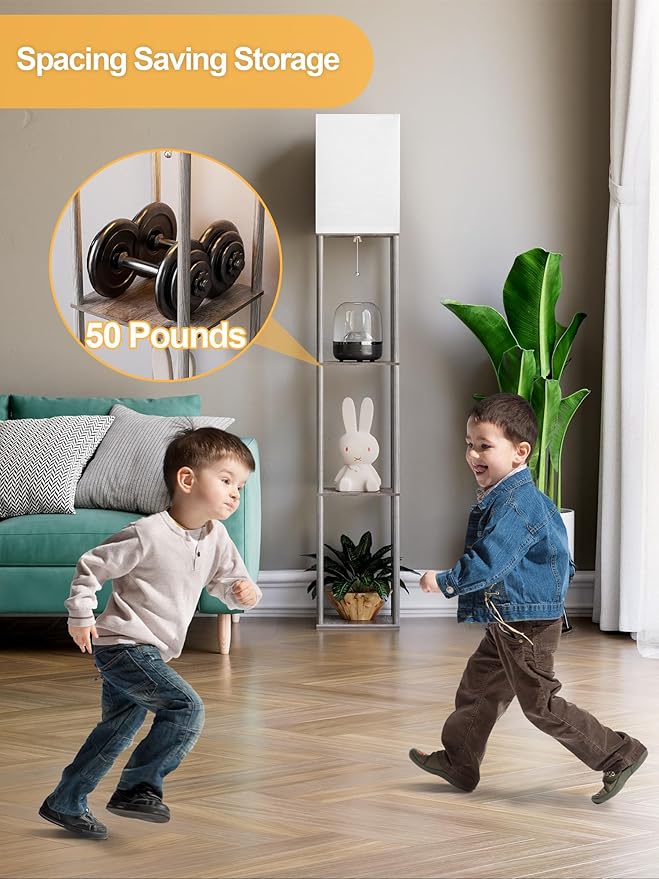 Floor Lamp with Shelves for Living Room Oak Gray, Shelf Floor Lamp with 3 CCT LED Bulb, Corner Display Standing Column Lamp Etagere Organizer Tower Nightstand with White Linen Shade for Bedroom Office