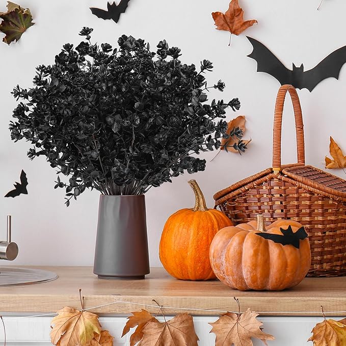 AGIRL 12 Bundles Black Artificial Flowers for Outdoor,No Fade Fake Plastic Flowers Faux Plants for Halloween Decor,Hanging Planters Decoration Indoor Outside Garden Porch Window Box Home Party