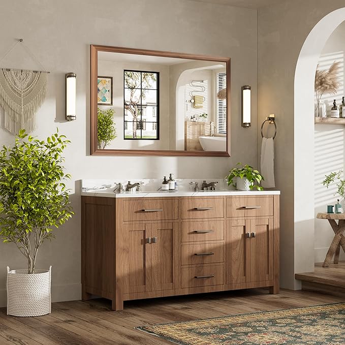 55x36 Inch Bathroom Mirror for Wall, Anti-Rust Walnut Wood Grain Metal Framed Bathroom Mirrors for Over Sink,Rectangler Mirrors for Bathroom Vanity, Farmhouse, Bedroom, Living Room, Entryway Decor