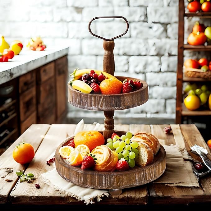 Farmhouse 2 Tiered Tray Stand for Home Decor, Wooden Serving Tray with Handle for Coffee Bar Table Centerpiece Round Seasonal Decorative Tiered Trays for Fruits, Desserts