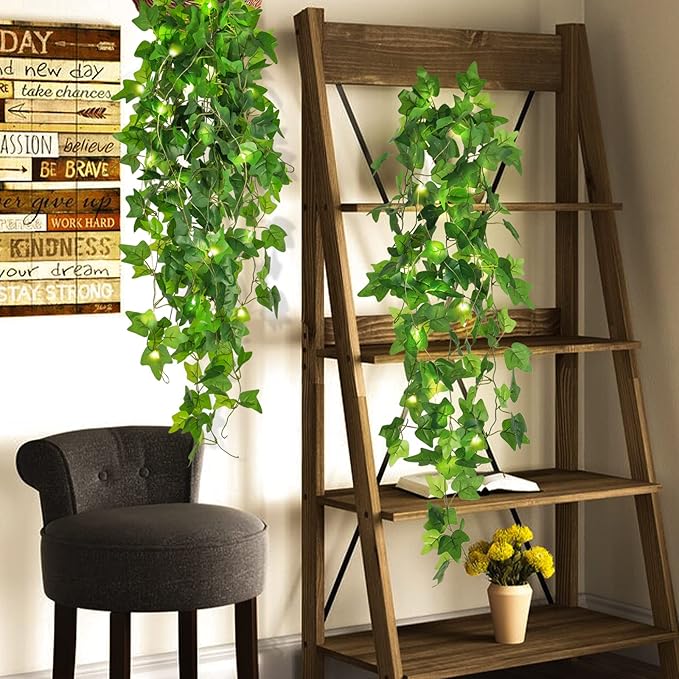 RECUTMS Hanging Fake Plants 4 Pack Artificial Vines Silk Ivy Greenery Garland with 30 LED Fairy String Lights Indoor and Outdoor Home Garden Hotel Green Leaves Wedding Bedroom Office Decoration