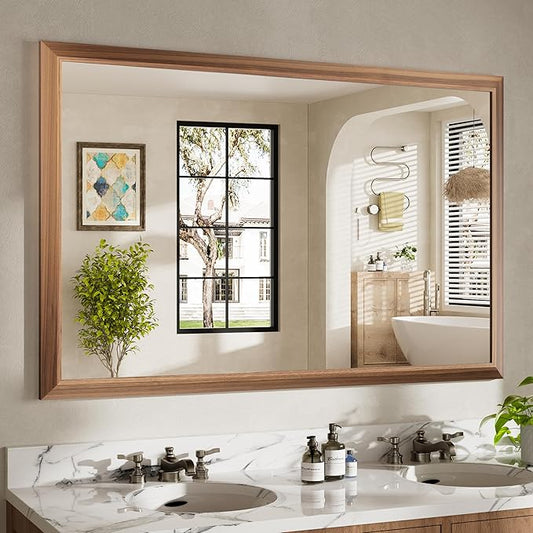 55x36 Inch Bathroom Mirror for Wall, Anti-Rust Walnut Wood Grain Metal Framed Bathroom Mirrors for Over Sink,Rectangler Mirrors for Bathroom Vanity, Farmhouse, Bedroom, Living Room, Entryway Decor