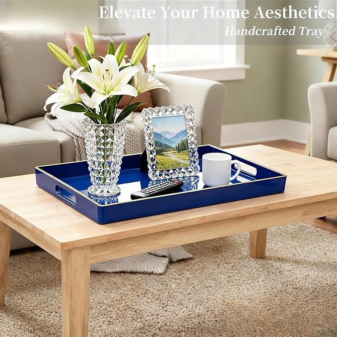 Zosenley Decorative Tray, Rectangular Plastic Tray with Handles, Modern Vanity Tray and Serving Tray for Bathroom, Kitchen, Ottoman and Coffee Table, 15.6” x 10.2” (Drak Blue)