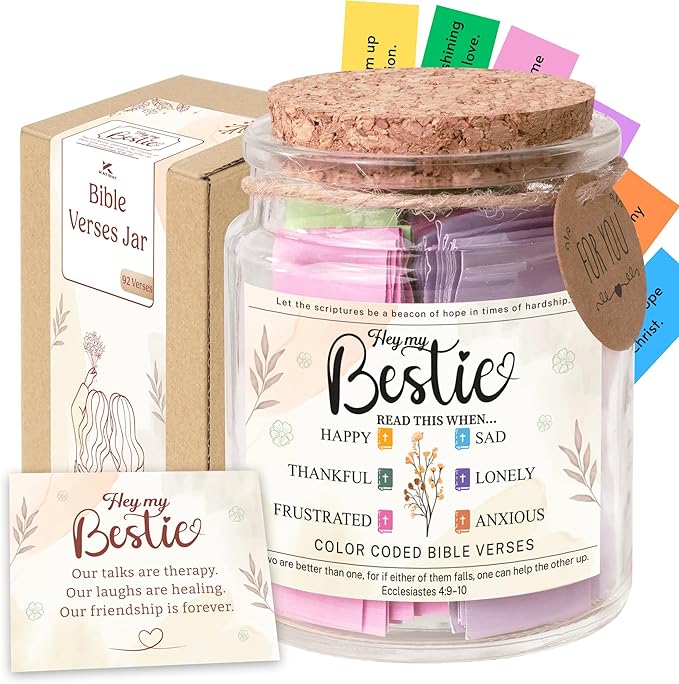 Bible Verse Jar for Best Friend – 92 Color-Coded Scriptures of Encouragement, Birthday & Bestie Gift for Women, Christian Keepsake, Inspirational Present for Best Friend Woman