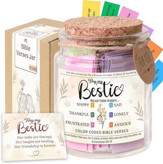Bible Verse Jar for Best Friend – 92 Color-Coded Scriptures of Encouragement, Birthday & Bestie Gift for Women, Christian Keepsake, Inspirational Present for Best Friend Woman