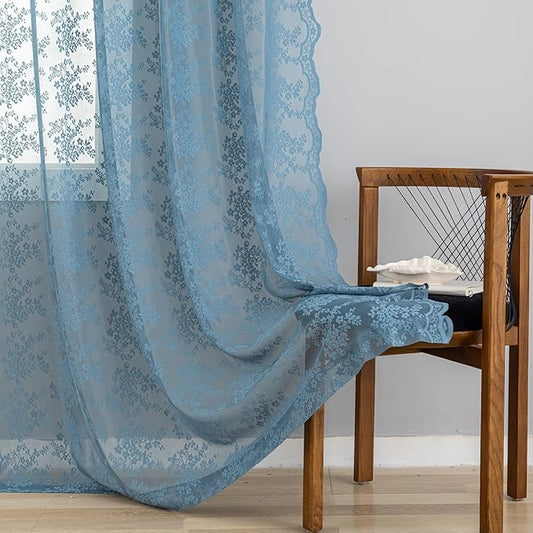 YJ YANJUN Dusty Blue Curtains 72 Inches Long 2 Panels Set Antique Country Boho Lace Slate Blue Curtain for Playroom Living Room Bathroom Rod Pocket Semi Sheer Privacy Drapes W52 X L72 Grey Blue Denim
