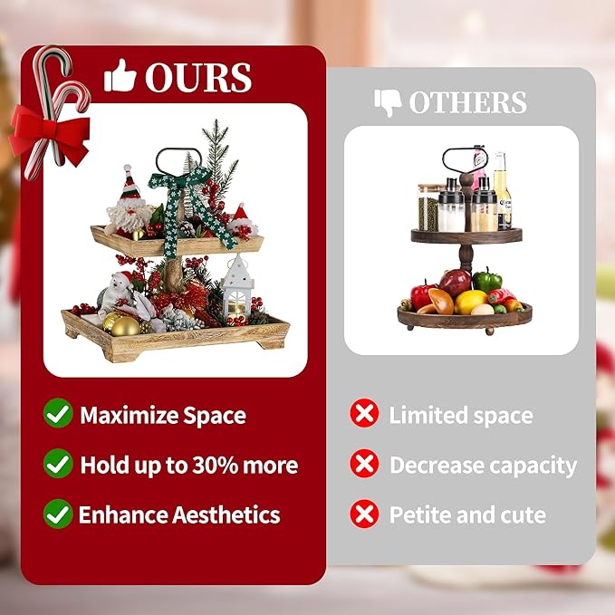 Hanobe Tiered Tray for Table Decor: 2 Tier Serving Stand Farmhouse Decorative Tray for Coffee Bar Centerpiece Rectangle Wood Display Stands Kitchen Counter (Rustic Brown)