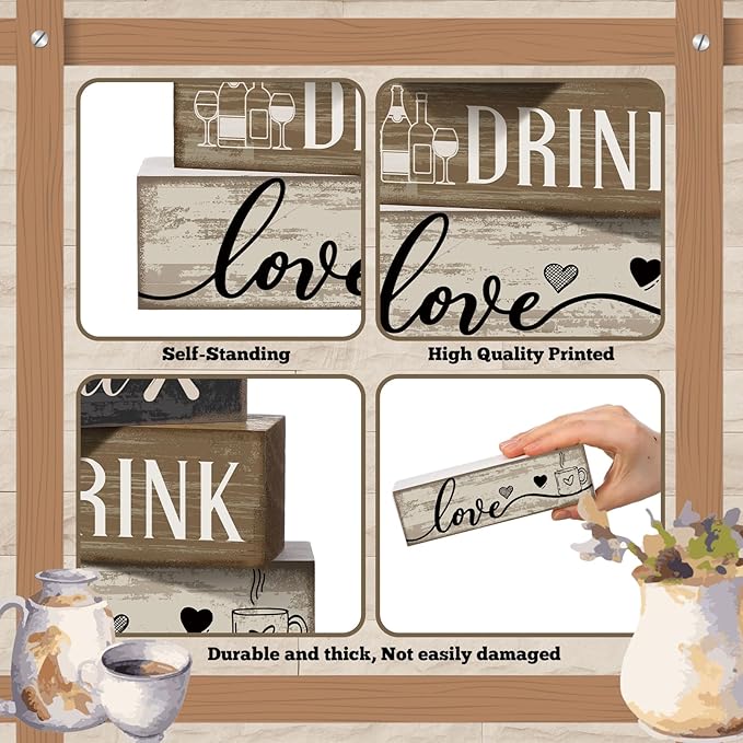 4 Pcs Farmhouse Kitchen Decor Wooden Plate Farmhouse Table Decor Black Brown and White Plate Tableware Centerpiece Rustic Decorative Plates Block Sign for Display Cabinet Kitchen Decoration