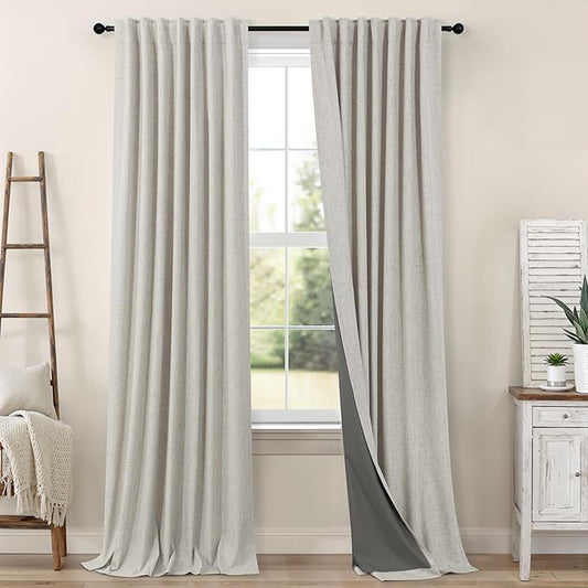 Blackout Linen Curtains 96 Inches Long for Living Room 2 Panel Set Black Out Light Blocking Back Tab Neutral Boho Farmhouse 96 Inch Curtain Drapes for Bedroom Window Earth Tone Stone Birch Taupe Tan