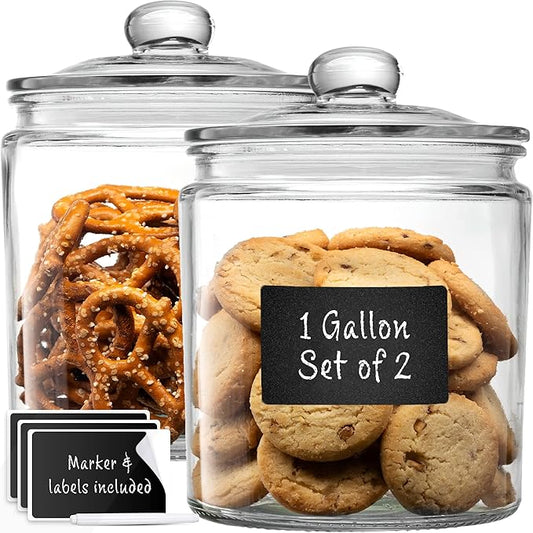 1 Gallon Glass Cookie Jars + Labels & Marker - Set of 2 Canister Sets for Kitchen Counter with Airtight Lids, Sugar Packet Holders Food Storage Containers with Lids Airtight for Pantry, Flour, Sugar.