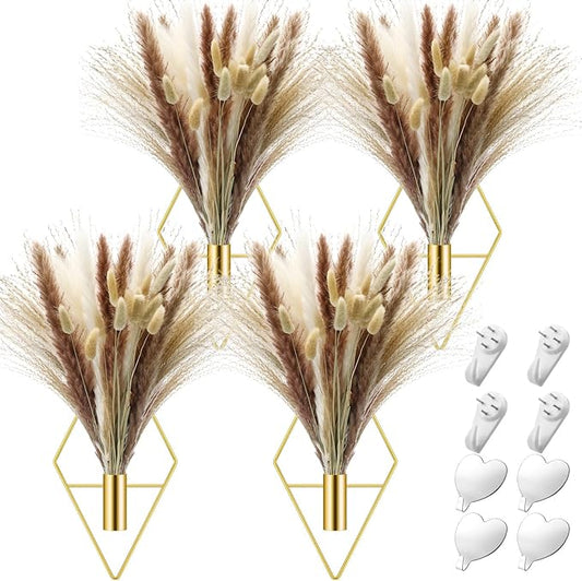 Hanaive 4 Sets Boho Gold Wall Decor Metal Wall Art Hanging Planters with Artificial Pampas Display Art Modern Home Metal Vase for Bedroom Room Home Office (Gold,Mixed Style)