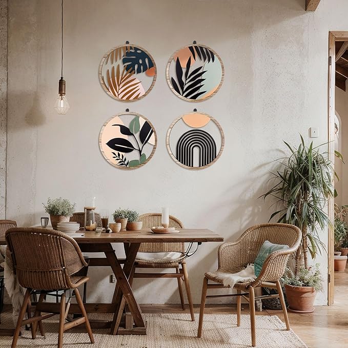 Qunclay 4 Pcs Boho Wall Art Bohemian Wooden Round Circle Wall Decor Hollow out Hanging Farmhouse Aesthetic for Bedroom Living Room Bathroom Bedroom Bathroom Patio Apartment Gift 10 Inch(Elegant)