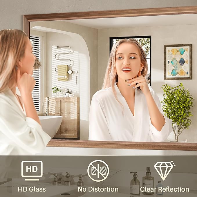 60x40 Inch Bathroom Mirror for Wall, Anti-Rust Walnut Wood Grain Metal Framed Bathroom Mirrors for Over Sink,Rectangler Mirrors for Bathroom Vanity, Farmhouse, Bedroom, Living Room, Entryway Decor