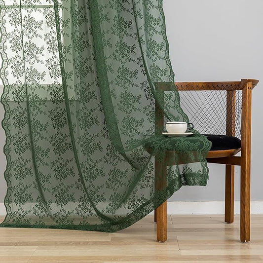 YJ YANJUN Olive Green Lace Curtains 90 inch Length 2 Panels Set Rerto Floral Light Filtering Sheer Curtains for Dining Room Bedroom Boho Neutral Aesthetic Decor 52x90