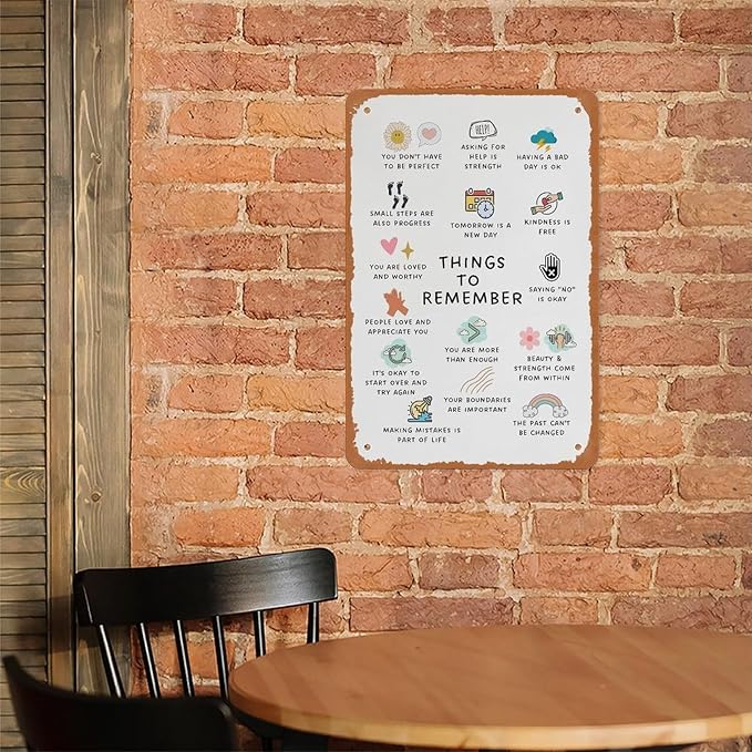 Things To Remember Metal Sign Poster 12x8 Inch Wall Decor Minimalist Boho Affirmations Therapy Office School Counselor Counseling Center Mental Health CBT DBT Anxiety Relief Gifts